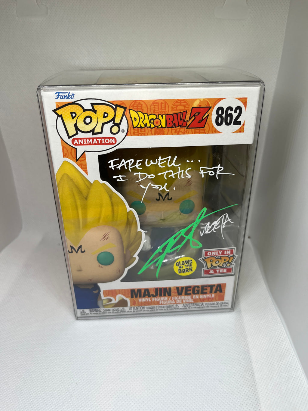 Majin Vegeta 862 Pop & Tee Glow in the Dark Funko Exclusive JSA Authenticated Signed and Quoted (Farewell…I Do This For You)