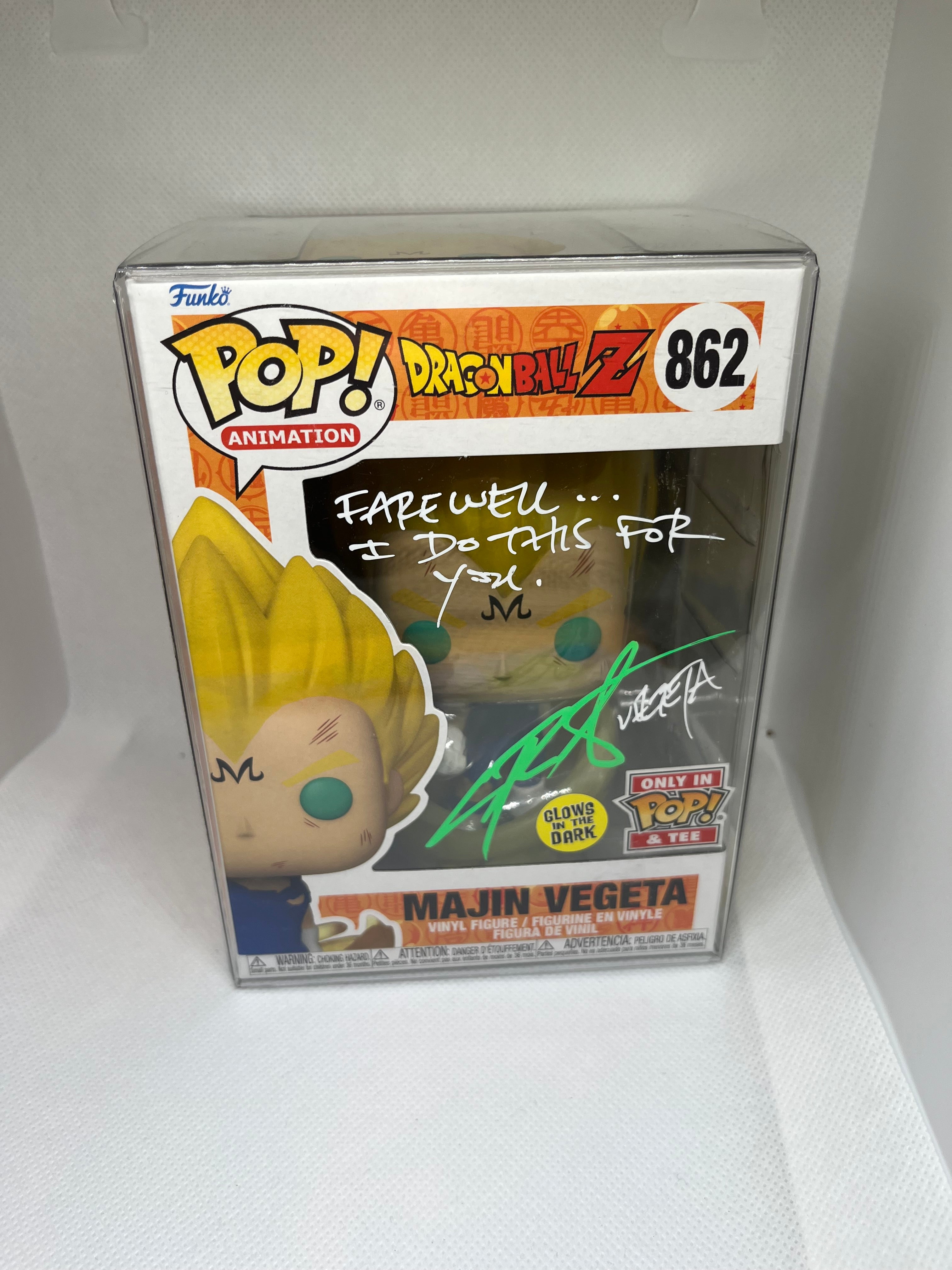 Majin Vegeta 862 Pop & Tee Glow in the Dark Funko Exclusive JSA Authenticated Signed and Quoted (Farewell…I Do This For You)