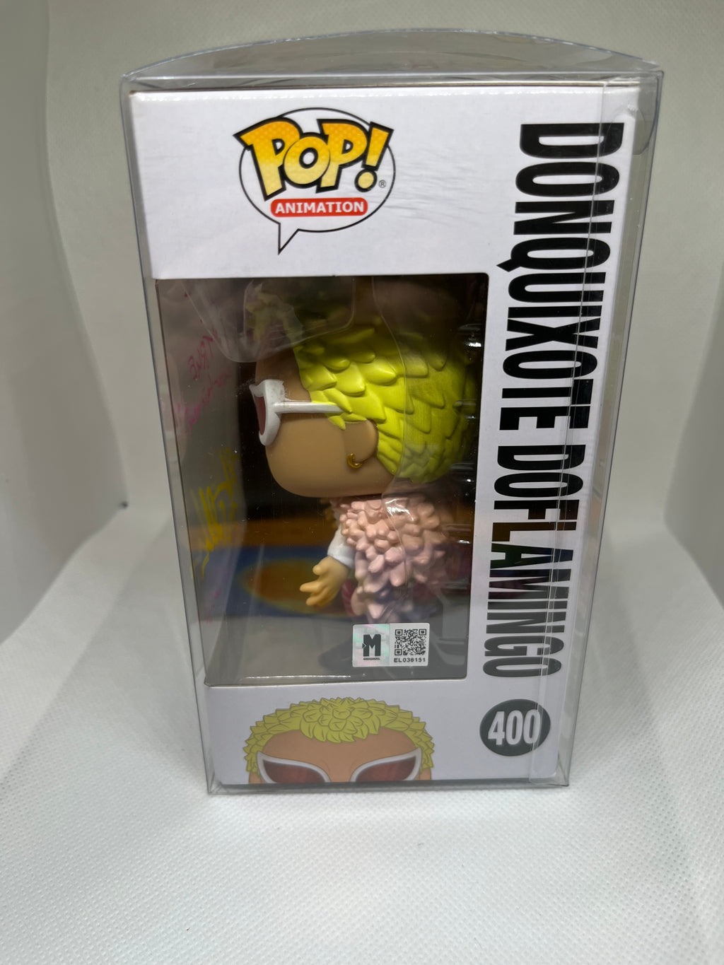 Donquixote Doflamingo (400) Authenticated Signed and Quoted “Blood and death! That’s TRUE entertainment” Funko Pop!